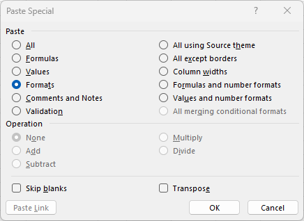 paste only formulas in Excel