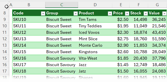 Excel interface