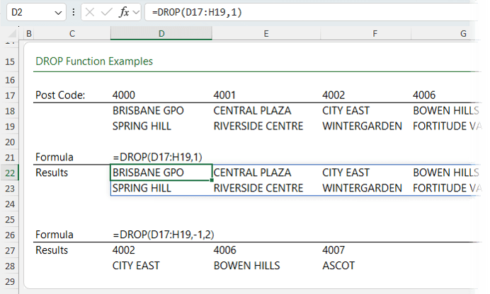 how to use the DROP function in Excel?