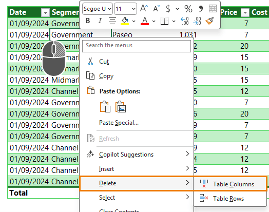 how to delete a column in an Excel table?