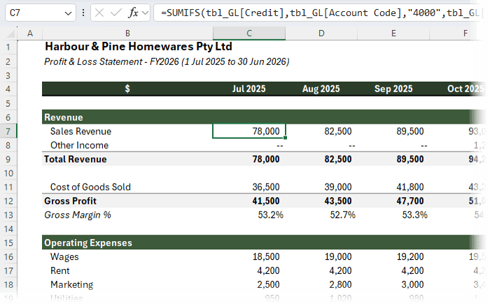 How to generate monthly Profit and Loss statement using Excel formulas?