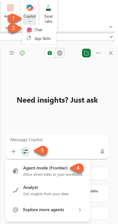 how to enable Copilot Agent Mode in Excel