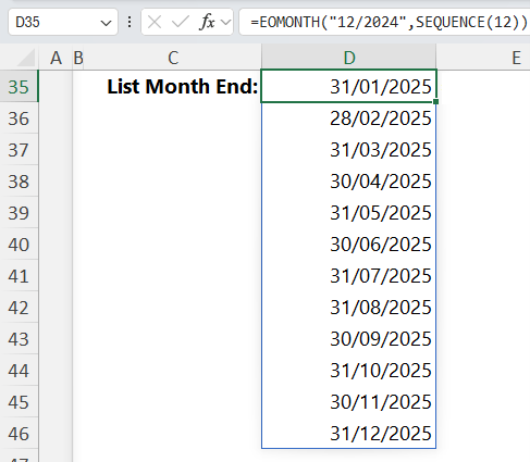 Excel screenshot showing EOMONTH function spilling an array of dates.