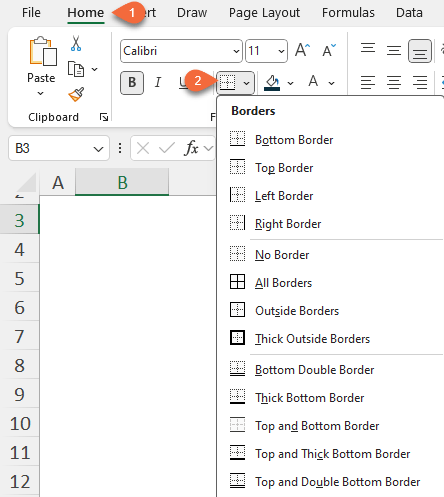Excel borders menu