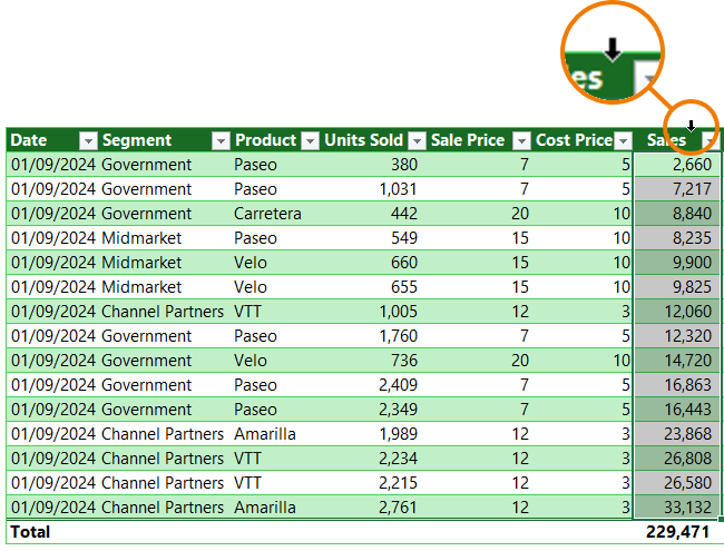 how to select a column in an Excel table?