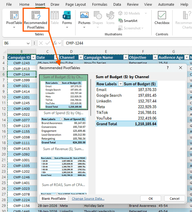How to quickly insert a PivotTable in Excel?