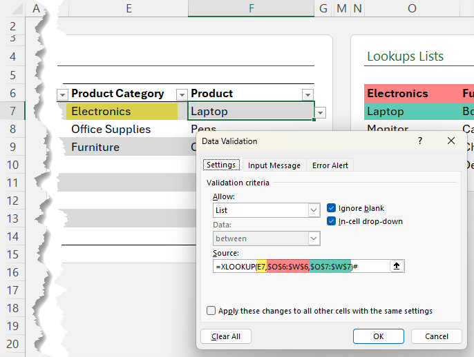 Using
XLOOKUP to create cascading dropdowns in Excel