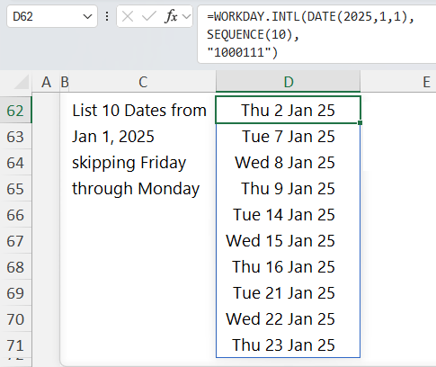 Excel screenshot showing WORKDAY.INTL function spilling an array of dates.