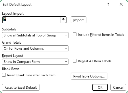 How to set default PivotTable layout settings in Excel