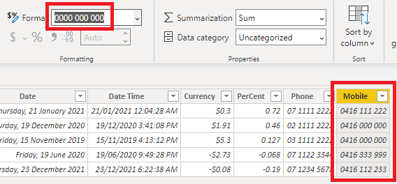 formatted cell numbers