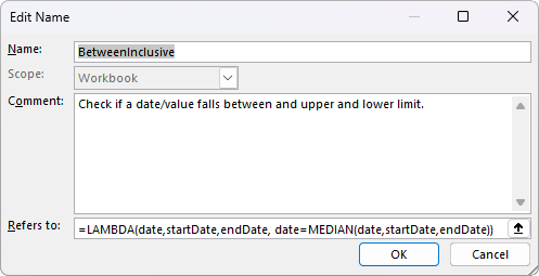 Excel screenshot showing define name dialog box.