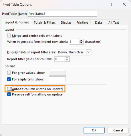 How to prevent PivotTable columns from resizing on refresh