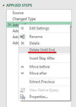 delete query steps until end