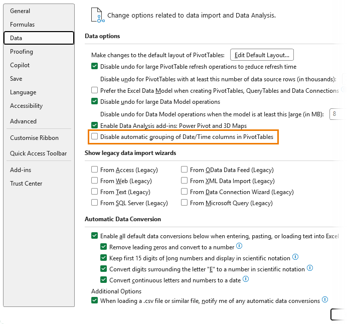 How to disable automatic date grouping in Excel PivotTables
