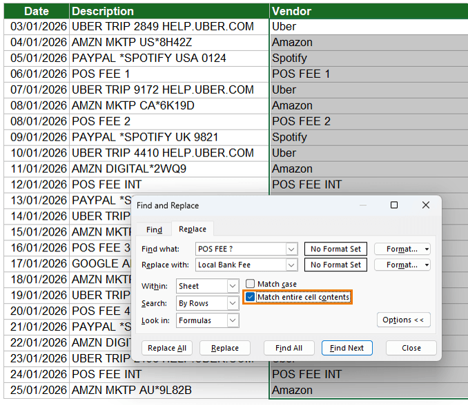 Using match entire cell contents in Excel's find and replace tool?