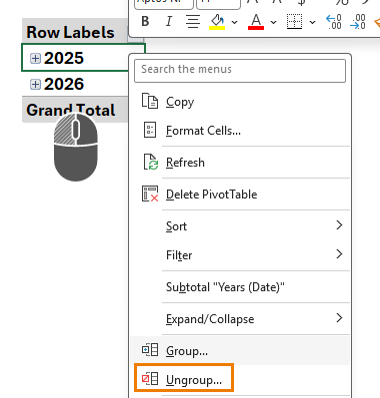 How to ungroup date columns in an Excel PivotTable