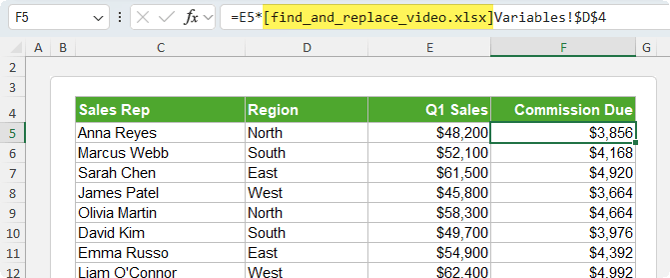 How to replace reference sheet's file name in Excel using find and replace tool?