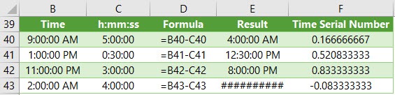 subtract time in excel