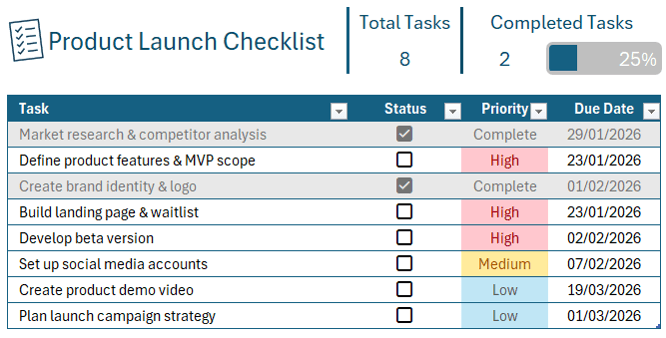 Excel Checklist with Progress
Bar