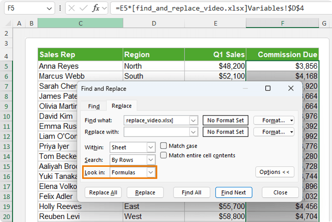 How to use the 'look in formulas' setting in Excel's find and replace tool?