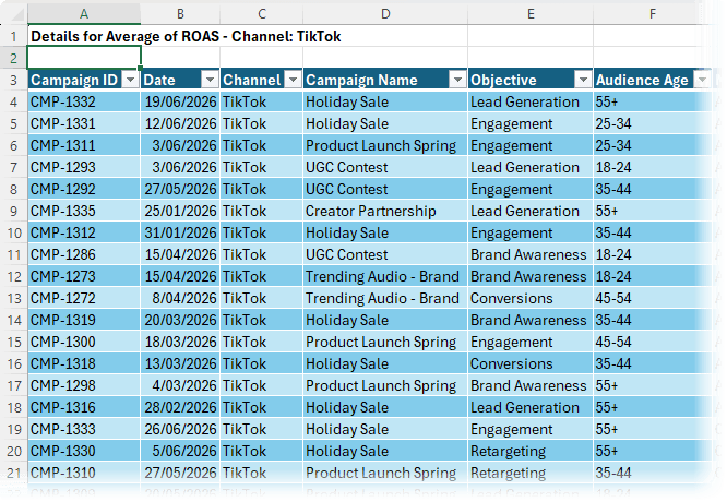 PivotTable drill down worksheet in Excel