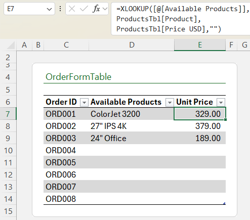 Using XLOOKUP to fill values in Excel table