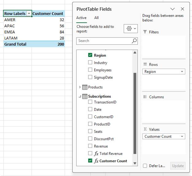 How to create a distinct count measure in Power Pivot in Excel?