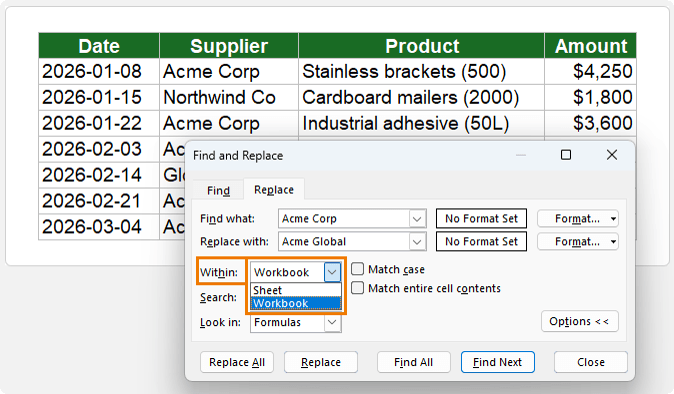 How to use find and replace across Excel workbook?