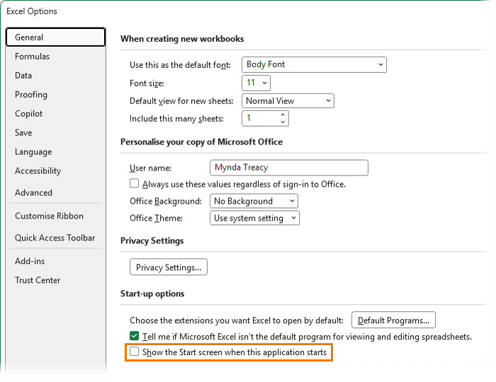 How to skip the Start screen and open Excel to a blank workbook