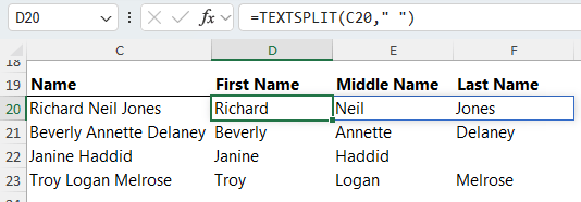 Use TEXTSPLIT function to split up these names