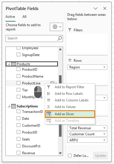 How to add a slicer to Pivot Tables in Power Pivot in Excel?
