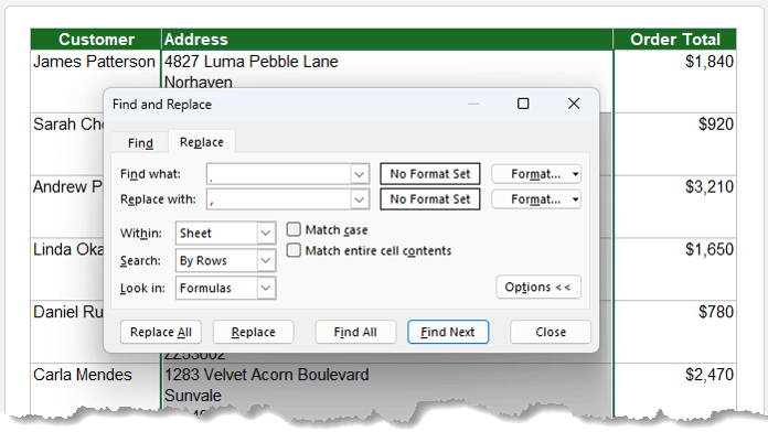 Find and Replace Newline with Comma Space Dialog Box