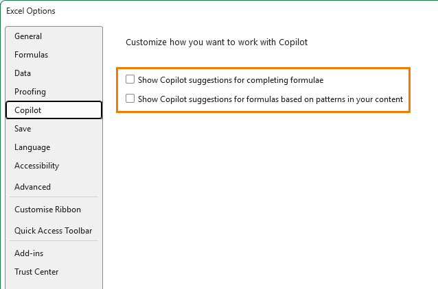 How to disable Copilot settings in Excel options