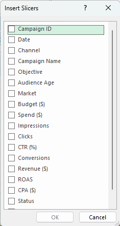Select fields for Slicers for PivotTables in Excel