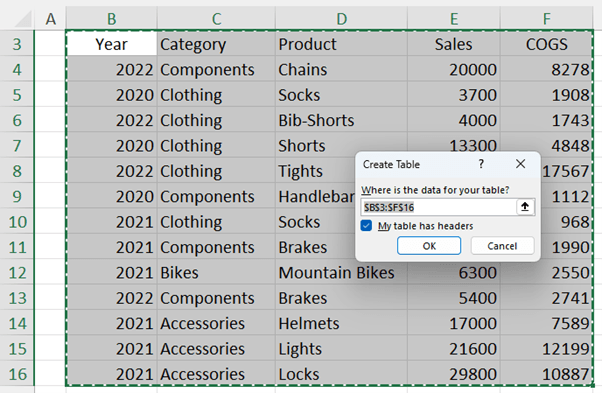 Convert Excel data range to table