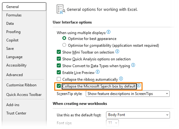 How to collapse the Microsoft Search box by default in Excel options
