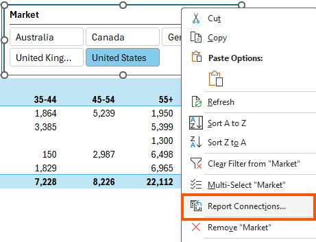 How to connect Slicers to multiple PivotTables in Excel?