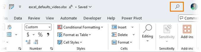 How to view the collapsed Microsoft Search icon in the Excel title bar