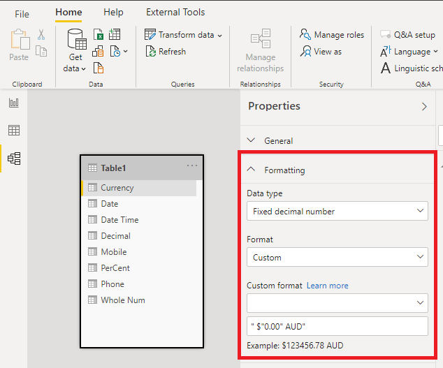 custom format in model view