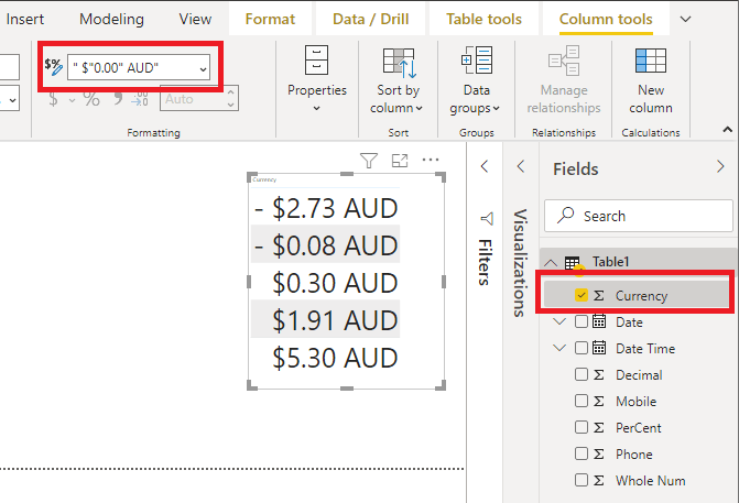 custom format in report view