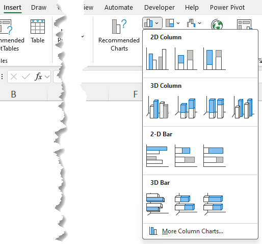 Excel charts menu