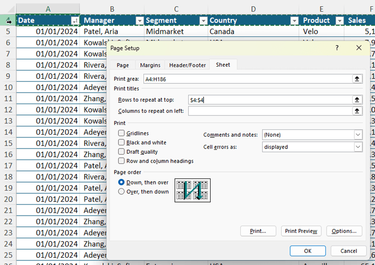 repeat headers while printing Excel sheets?