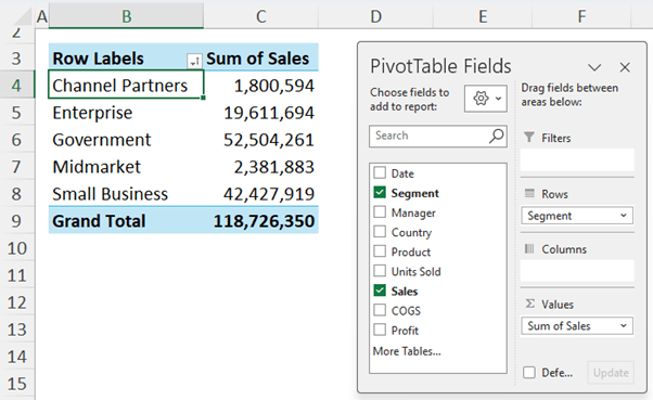 Creating a PivotTable
