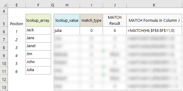 Excel MATCH Function Notes example 1