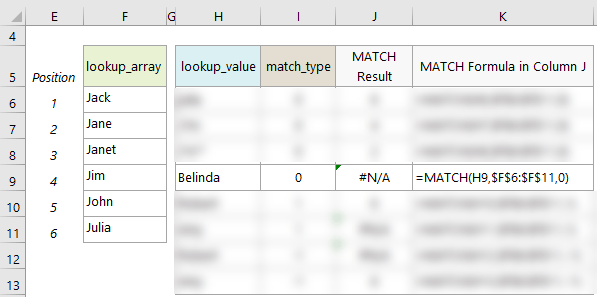 Excel MATCH Function Notes example 2