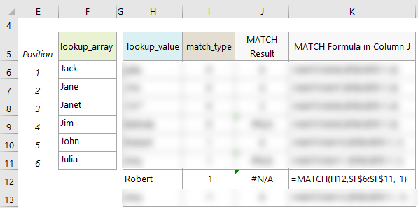 Excel MATCH Function Notes example 6