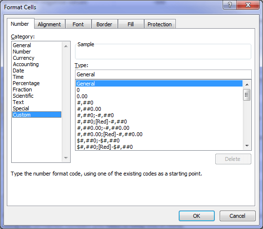 excel custom cell format dialog box