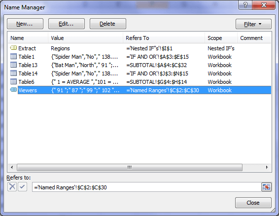 dlete a current name using the name manager in excel for mac