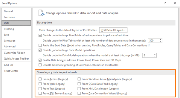 Excel Options settings