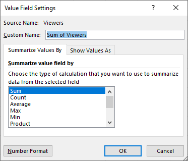 Excel Pivot Table Value Field Settings